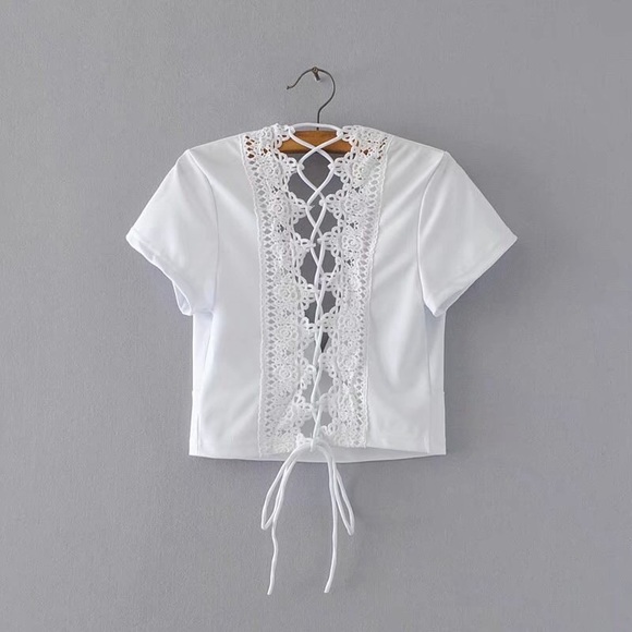 White Lace Up Back Crop Top - Picture 4 of 8